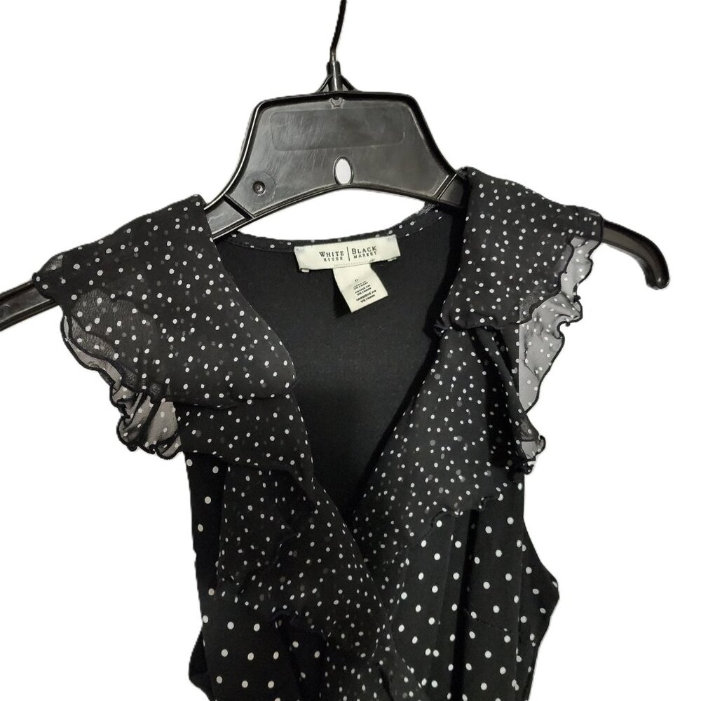 White House Black Market B&W Flutter V-Neck Wrap Look Polka Dot Dress Size 0 - Picture 5 of 11
